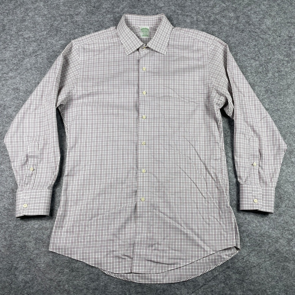 Brooks Brothers Button Down Mens 17-33 White Milano Slim Fit Non-Iron Grid Check